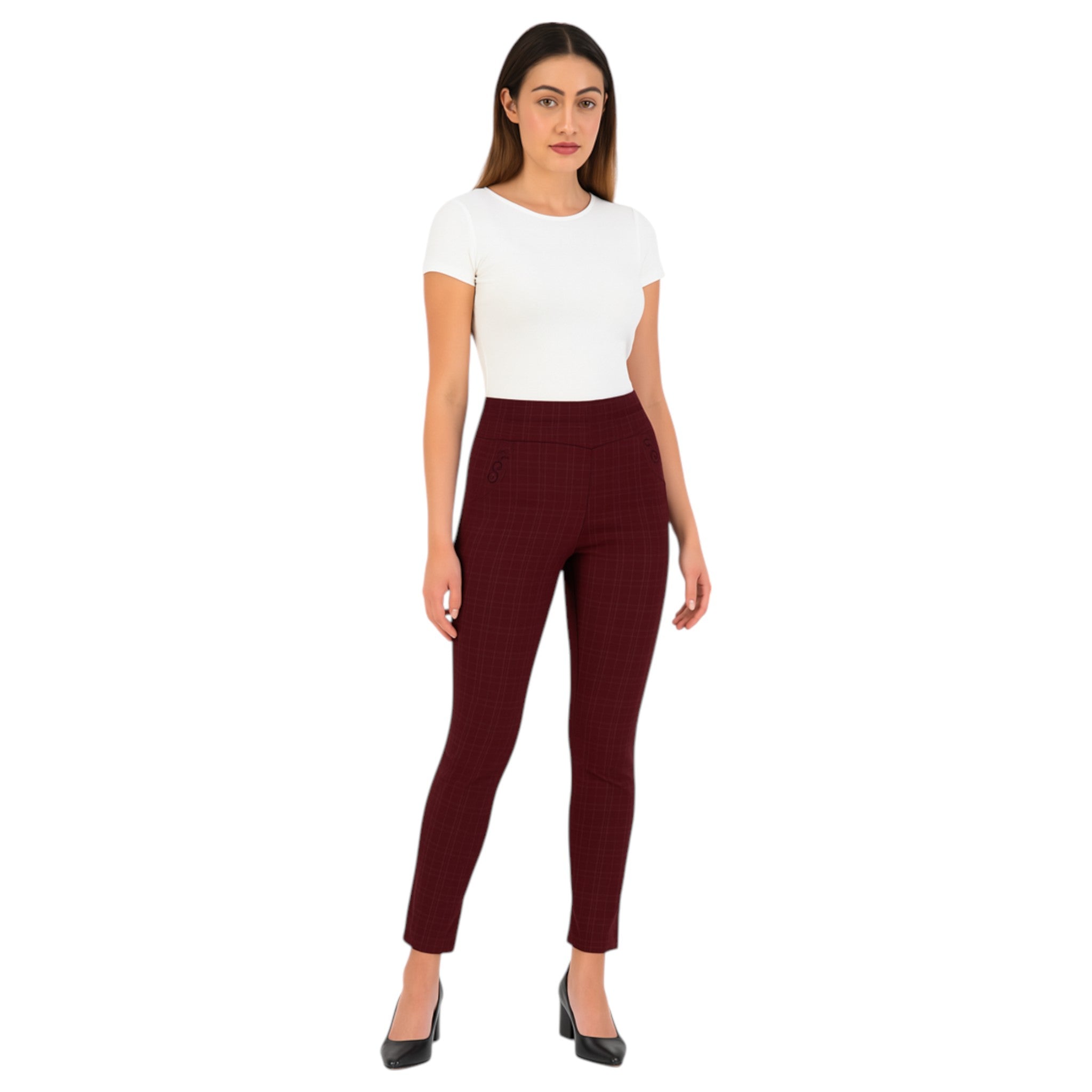 Ladies high-waisted burgundy check slim-fit trousers with front button detail